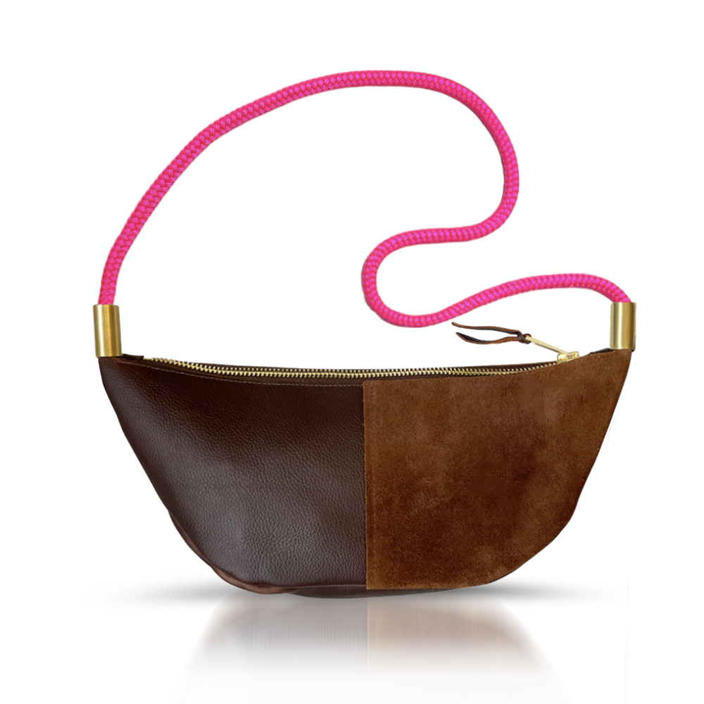 Sling Bag // in Brown Leather Neon Pink Long Shoulder (35”) Handbag Only