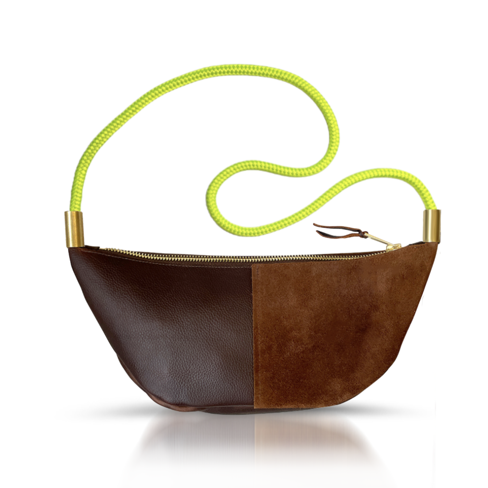 Sling Bag // in Brown Leather Neon Yellow Short Crossbody (40”) Handbag Only