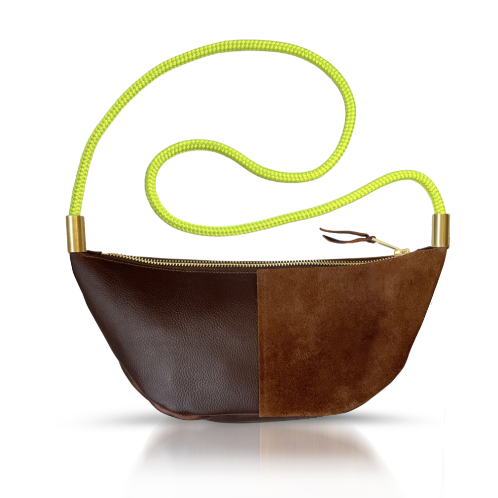 Sling Bag // in Brown Leather Neon Yellow Custom Length Handbag Only