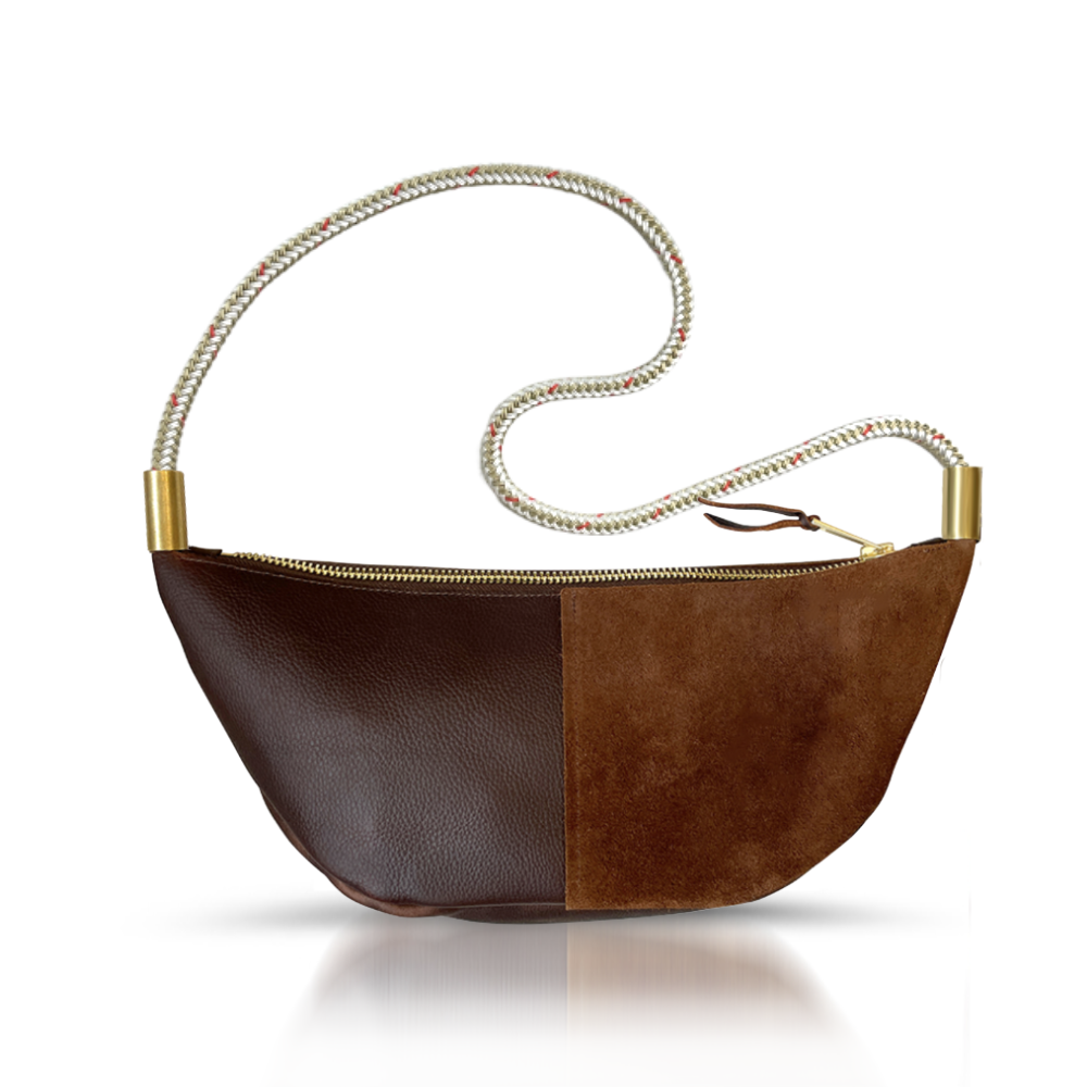 Sling Bag // in Brown Leather Oyster Shell Gold Long Shoulder (35”) Handbag Only