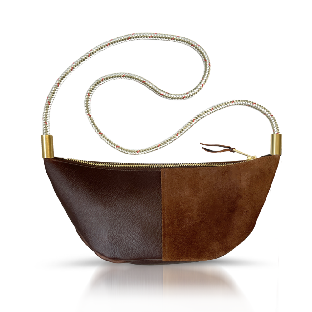 Sling Bag // in Brown Leather Oyster Shell Gold Custom Length Handbag Only