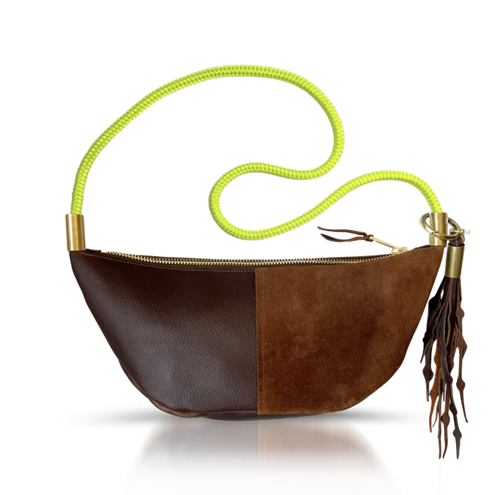 Sling Bag // in Brown Leather Neon Yellow Short Crossbody (40”) Add a Matching Seaweed Tassel (save $10)