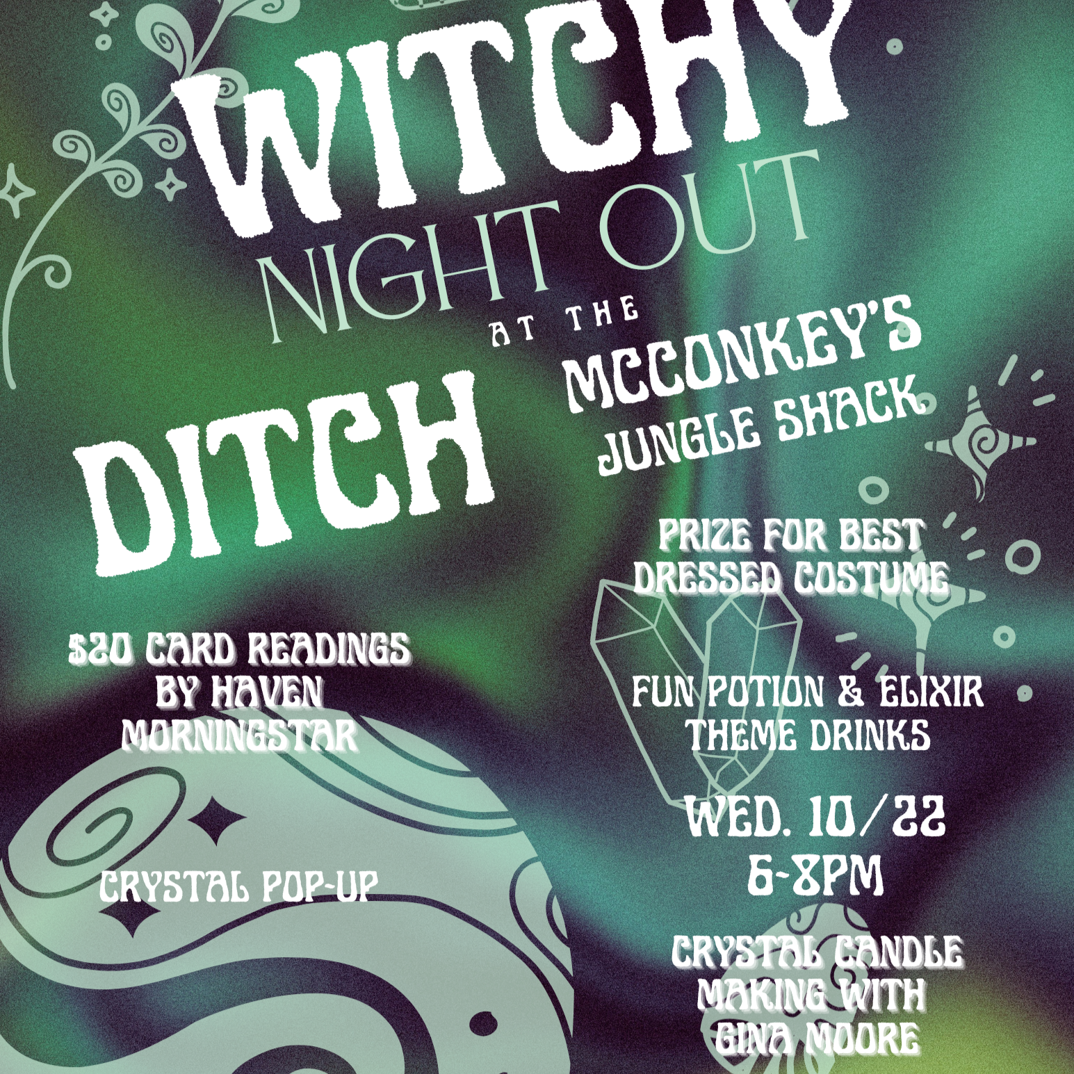 Promotional flyer for 'Witchy Night Out at the Ditch' event with Halloween-themed graphics.