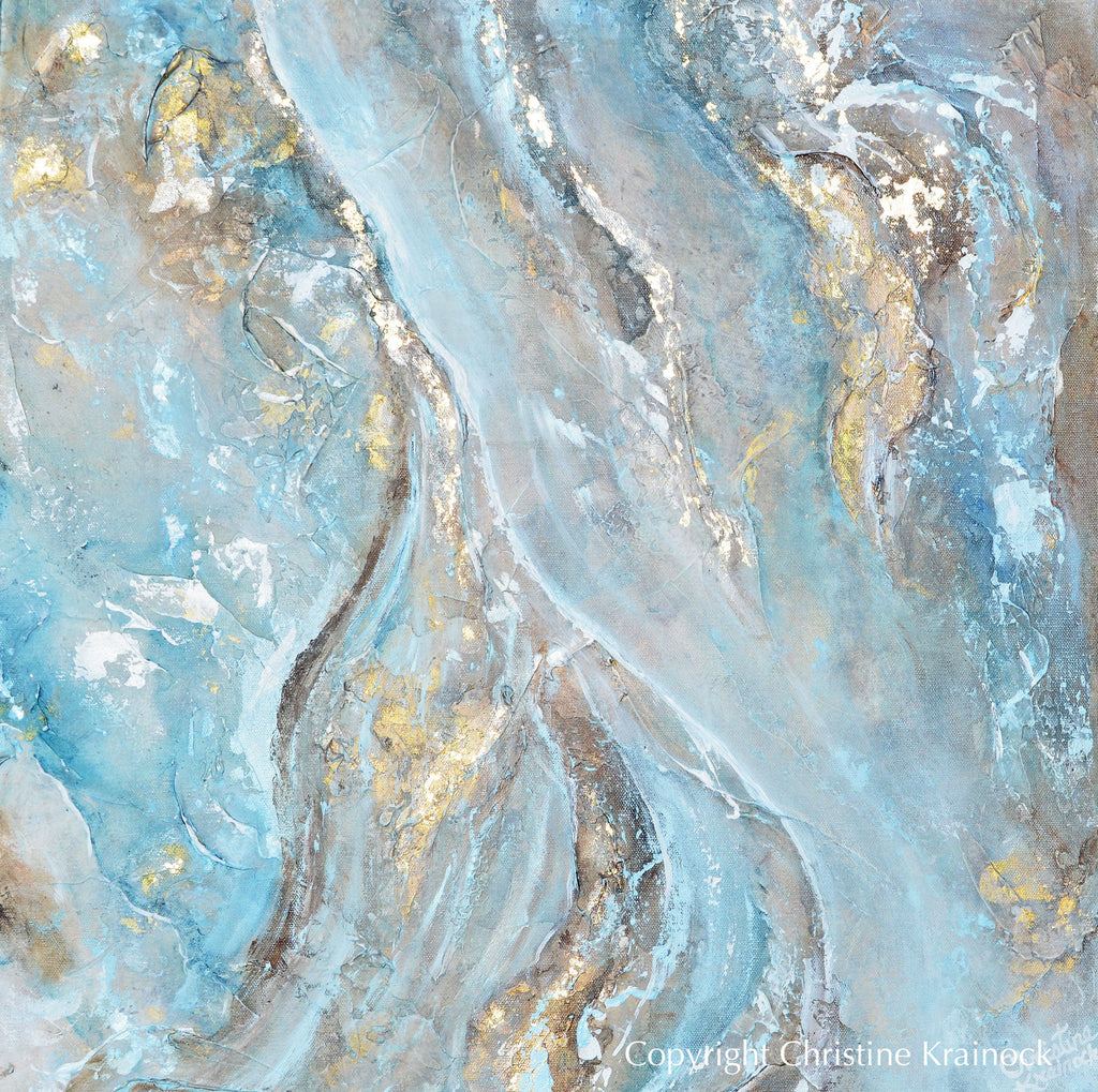 GICLEE PRINT Art Blue Brown White Abstract Painting Gold Leaf Coastal Wall Art Home Decor