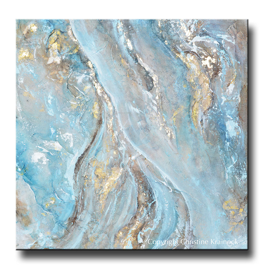 GICLEE PRINT Art Blue Brown White Abstract Painting Gold Leaf Coastal Wall Art Home Decor