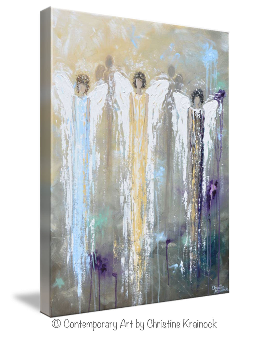GICLEE PRINT Abstract Angel Painting 3 Guardian Angels Blue Gold Inspirational Spiritual Wall Art