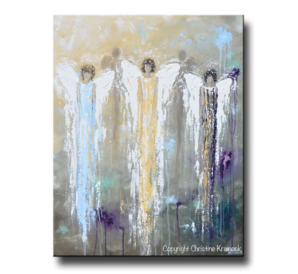 GICLEE PRINT Abstract Angel Painting 3 Guardian Angels Blue Gold Inspirational Spiritual Wall Art