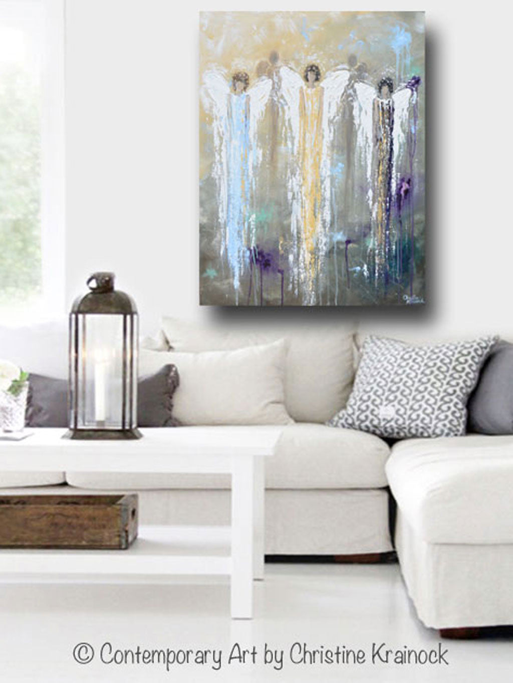 GICLEE PRINT Abstract Angel Painting 3 Guardian Angels Blue Gold Inspirational Spiritual Wall Art