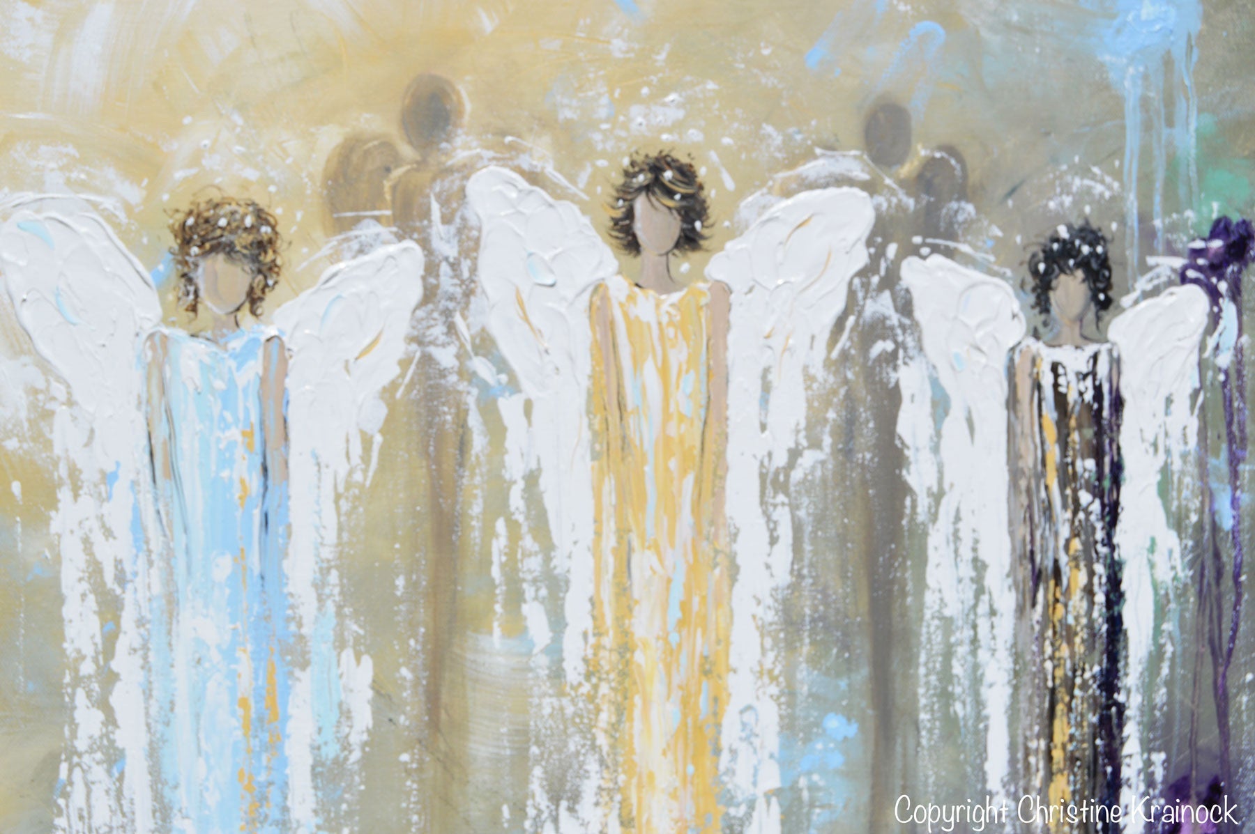 GICLEE PRINT Abstract Angel Painting 3 Guardian Angels Blue Gold Inspirational Spiritual Wall Art