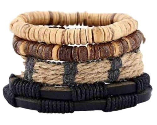 Black Leather, Coconut Beads and Hemp Hippie 4 Piece Bracelet Set Black