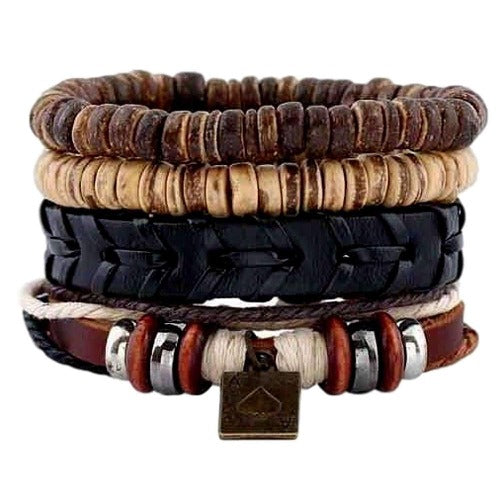 Coconut Shell Ace of Spades Multilayer Leather, Bead and Hemp Boho Hippie Bracelet Set Brown