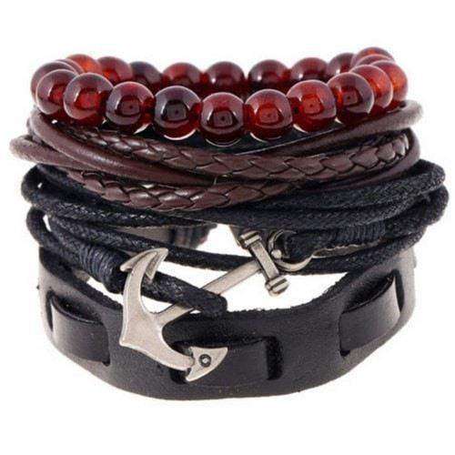Cool Silver Anchor Charm Black Leather Multilayer Bracelet Set Brown