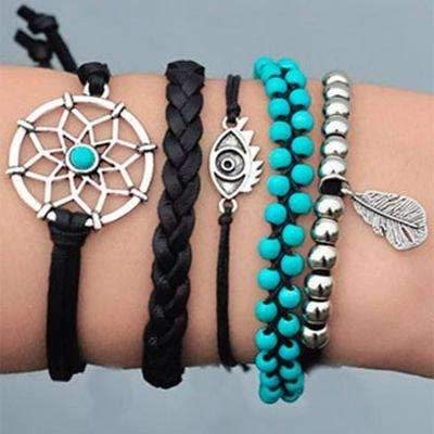 "Dreamcatcher" Turquoise beads ,All Seeing Eye and feather charms Bracelet Set Turquoise