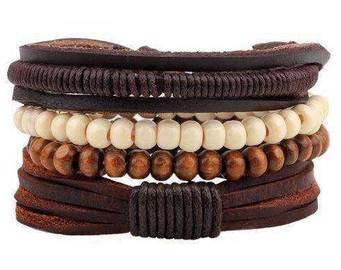 Earth Hug Brown And Cream Beaded Leather Multilayer Bracelet Set Brown