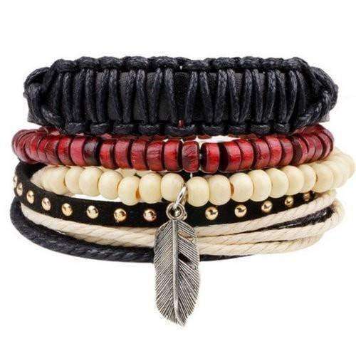 Feather Charm With Red, Cream And Black Beads Leather Multilayer Bracelet Set Red