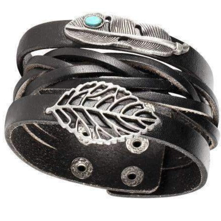 "Float" Feather and Leaf Charm Black Leather Cuff Bracelet Black