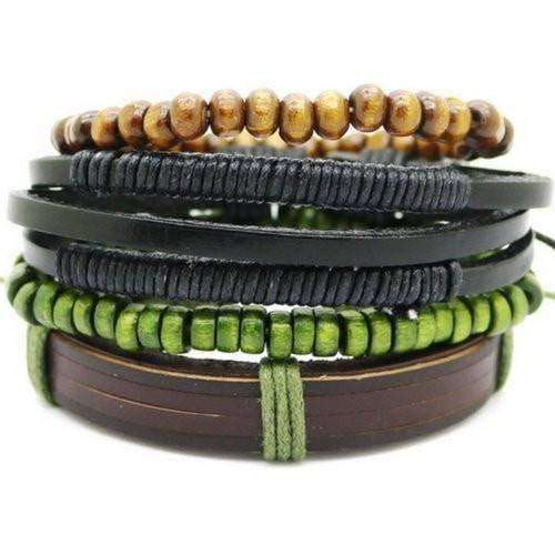 Green Beaded Leather Multilayer Bracelet Set Green