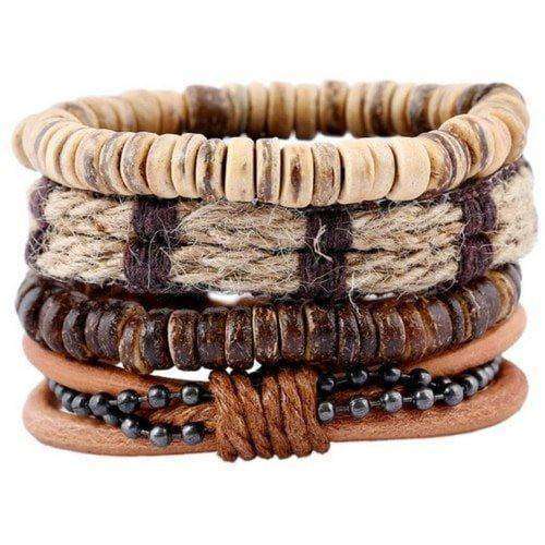 Bohemian Hemp, Bead and Black Chain Multilayer Bracelet Set black