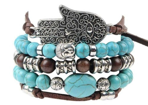 Hamsa Hand Charm With Turquoise Beads 5 Piece Leather Bracelet Set Turquoise