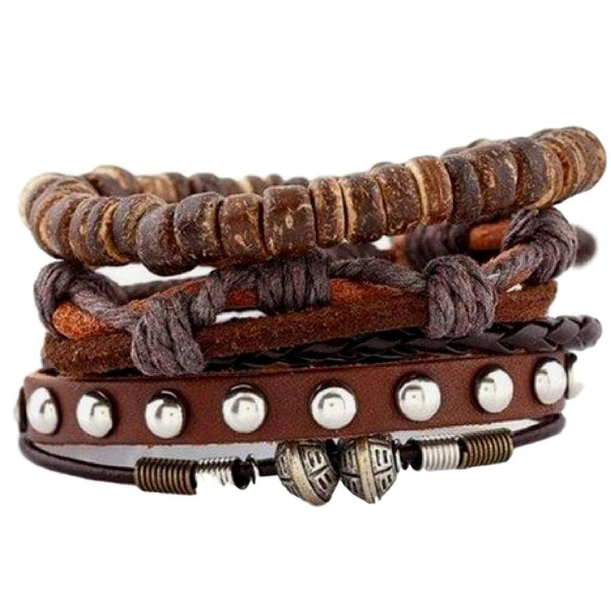 Studded Leather and Wood Bead Bracelet Set Brown