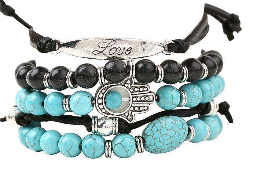 "Love" Inspirational Turquoise and Black Beaded 5 Piece Bracelet Set Turquoise