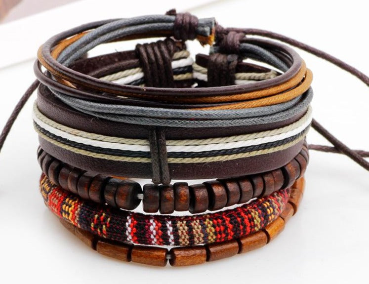Mix of Browns with Wood Beads, Rope and Leather Bracelet Set brown