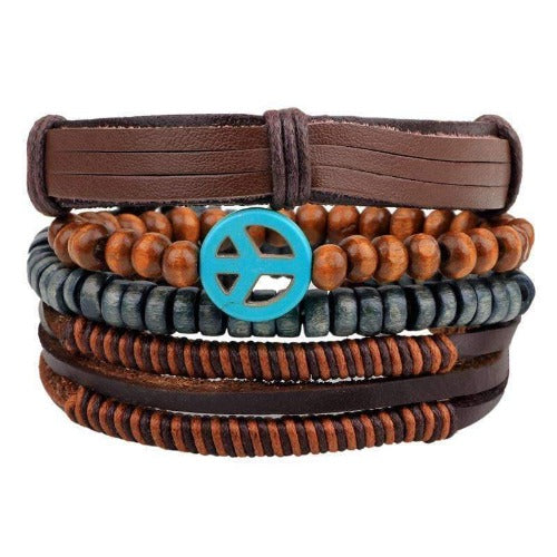 Turquoise Peace Charm Beaded Leather Multilayer Bracelet Set Default Title