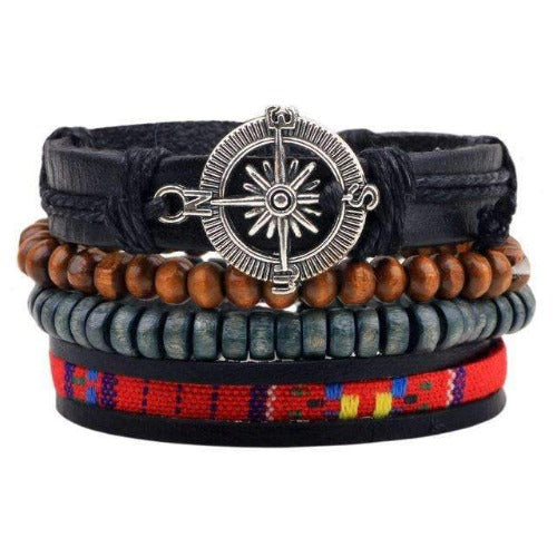 "Here and There" Compass Charm, Bead and Leather Multilayer Bracelet Set Varies