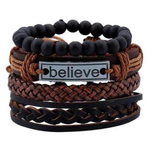 “Believe” Inspirational Braided Black Leather Multilayer Bracelet Set Brown