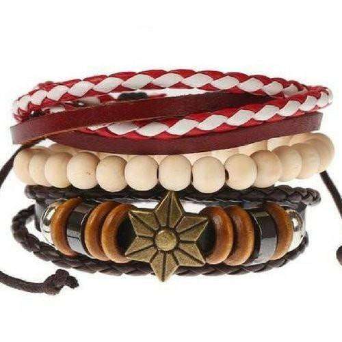 Red and White with Flower Star White Beaded Leather Bracelet Red