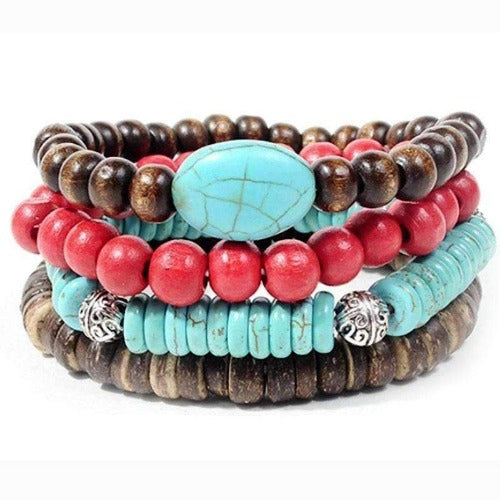 Turquoise and Cherry Beads Leather, and Hemp Boho Hippie Bracelet Set Turquoise