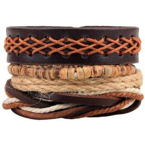 Vast Earth Wide Brown Crisscross Leather Multilayer Bracelet Set Brown